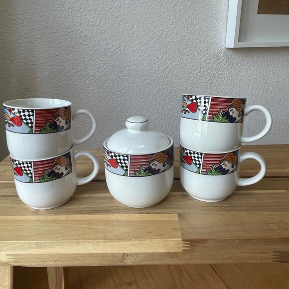 Vitromaster 1991 Metropolitan 4 Coffee Cups, Sugar Bowl & Lid Abstract Art - Picture 1 of 16